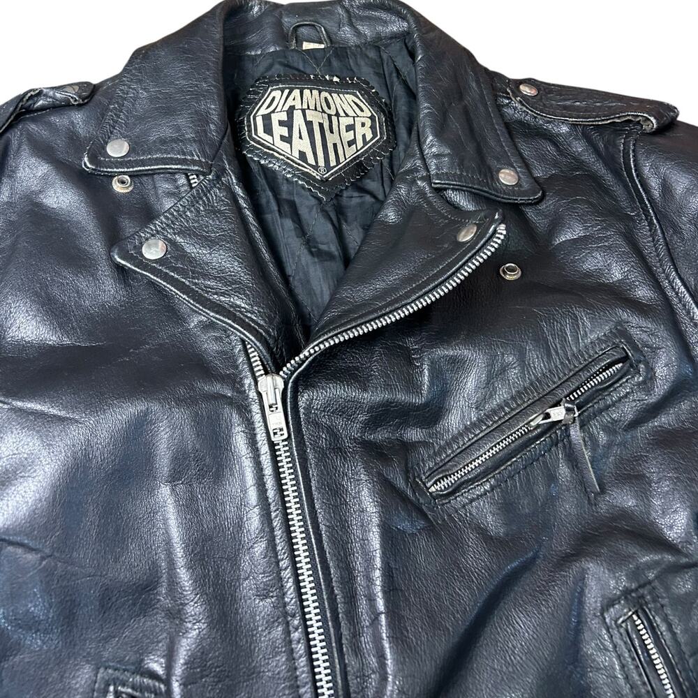 Diamond Leather Black Moto Jacket Motorcycle Biker Style size 48 Vintage Zip Up - Picture 12 of 12